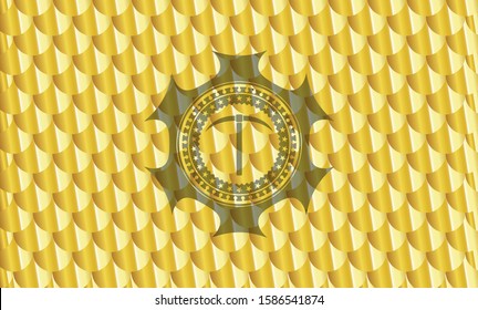 pickaxe icon inside golden emblem or badge. Scales pattern. Vector Illustration. Detailed.