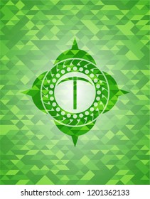 pickaxe icon inside green emblem with mosaic ecological style background