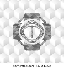 pickaxe icon inside grey badge with geometric cube white background