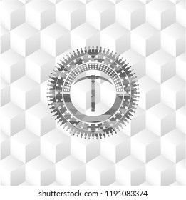 pickaxe icon inside grey badge with geometric cube white background