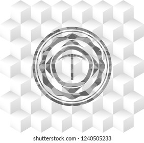 pickaxe icon inside grey badge with geometric cube white background