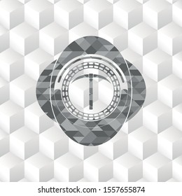 pickaxe icon inside grey badge with geometric cube white background