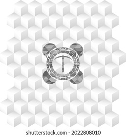 pickaxe icon inside grey badge with geometric cube white background. 