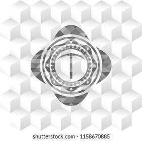 pickaxe icon inside grey icon or emblem with geometric cube white background