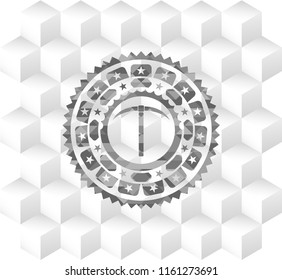 pickaxe icon inside grey emblem with geometric cube white background