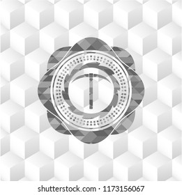 pickaxe icon inside grey emblem with cube white background