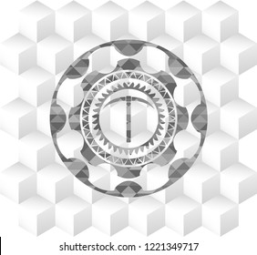 pickaxe icon inside grey icon or emblem with geometric cube white background