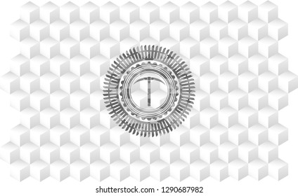 pickaxe icon inside grey emblem with geometric cube white background