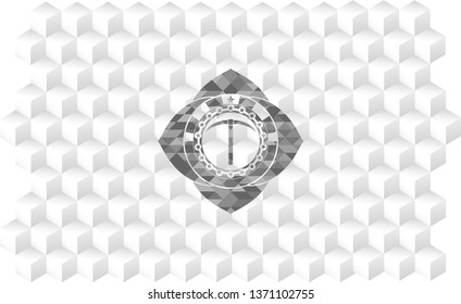 pickaxe icon inside grey emblem with geometric cube white background