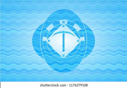 pickaxe icon inside light blue water wave badge.
