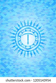 pickaxe icon inside light blue emblem with triangle mosaic background