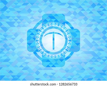 pickaxe icon inside light blue emblem with mosaic ecological style background