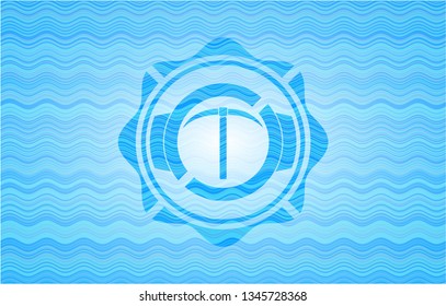 pickaxe icon inside light blue water emblem.