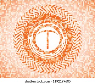 pickaxe icon inside orange mosaic emblem with background