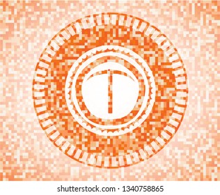 pickaxe icon inside orange mosaic emblem