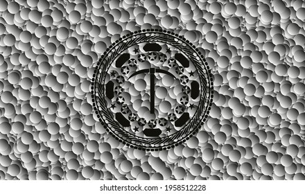 icono de pickaxe dentro de emblema oscuro realista con fondo de burbujas grises. Ilustración vectorial. Detallado. 