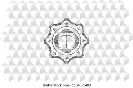pickaxe icon inside realistic grey emblem with geometric cube white background