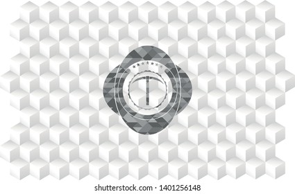 pickaxe icon inside realistic grey emblem with geometric cube white background