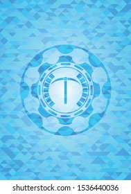pickaxe icon inside realistic light blue mosaic emblem