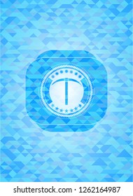 pickaxe icon inside realistic sky blue mosaic emblem