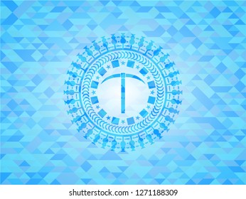 pickaxe icon inside realistic sky blue mosaic emblem