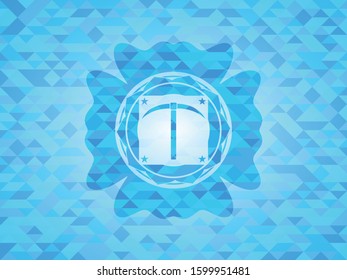 pickaxe icon inside realistic sky blue mosaic emblem