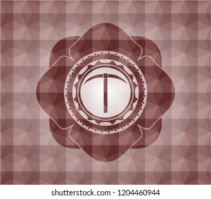 pickaxe icon inside red emblem with geometric pattern. Seamless.
