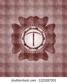 pickaxe icon inside red emblem with geometric background. Seamless.