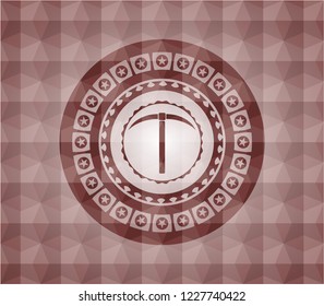 pickaxe icon inside red emblem with geometric pattern background. Seamless.