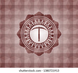 pickaxe icon inside red emblem with geometric pattern. Seamless.