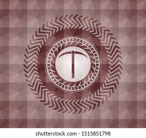 pickaxe icon inside red emblem with geometric pattern. Seamless.