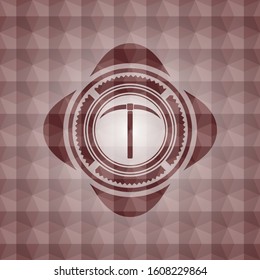 pickaxe icon inside red emblem or badge with geometric pattern background. Seamless.