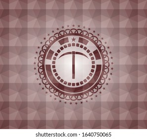 pickaxe icon inside red emblem or badge with abstract geometric polygonal pattern background. Seamless.