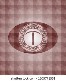 pickaxe icon inside red seamless emblem or badge with geometric pattern background.