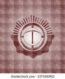 pickaxe icon inside red seamless badge with geometric background.