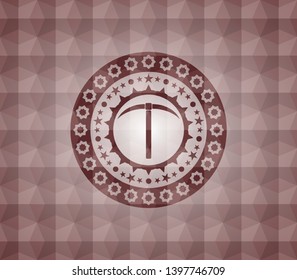 pickaxe icon inside red seamless emblem or badge with geometric pattern background.