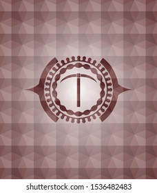 pickaxe icon inside red seamless emblem with geometric pattern.