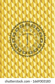 icono pickaxe dentro del brillante emblema dorado. Patrón de escalas. Ilustración vectorial. Detallado.