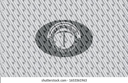 pickaxe icon inside silver emblem. Scales pattern. Vector Illustration. Detailed.