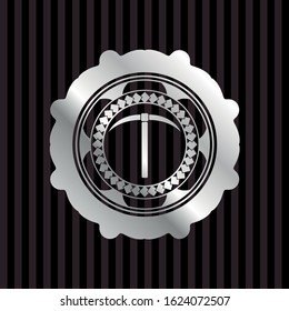 pickaxe icon inside silvery badge or emblem