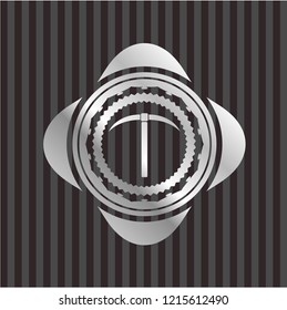pickaxe icon inside silvery emblem or badge