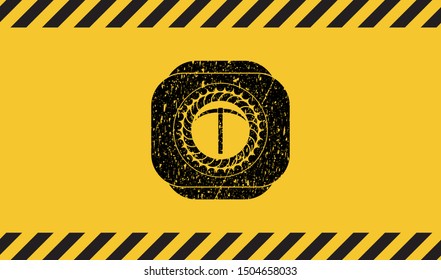 pickaxe icon inside warning sign, black grunge emblem. Vector Illustration. Detailed.