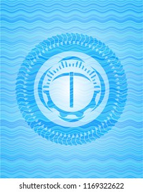 pickaxe icon inside water style badge.