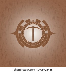 pickaxe icon inside wood emblem. Retro