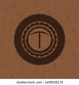 pickaxe icon inside wood emblem. Retro