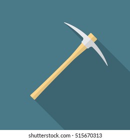 Pickaxe icon with long shadow. Flat design style. Pick axe silhouette. Simple icon. Modern flat icon in stylish colors. Web site page and mobile app design vector element.