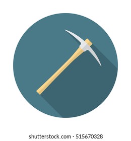 Pickaxe icon with long shadow. Flat design style. Round icon. Pick axe silhouette. Simple circle icon. Modern flat icon in stylish colors. Web site page and mobile app design vector element.
