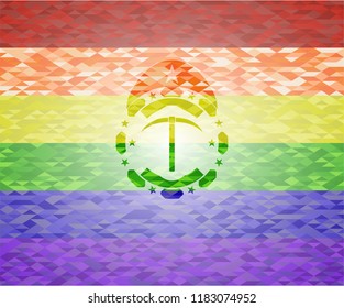 pickaxe icon on mosaic background with the colors of the LGBT flag