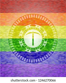 pickaxe icon on mosaic background with the colors of the LGBT flag
