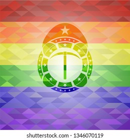 pickaxe icon on mosaic background with the colors of the LGBT flag